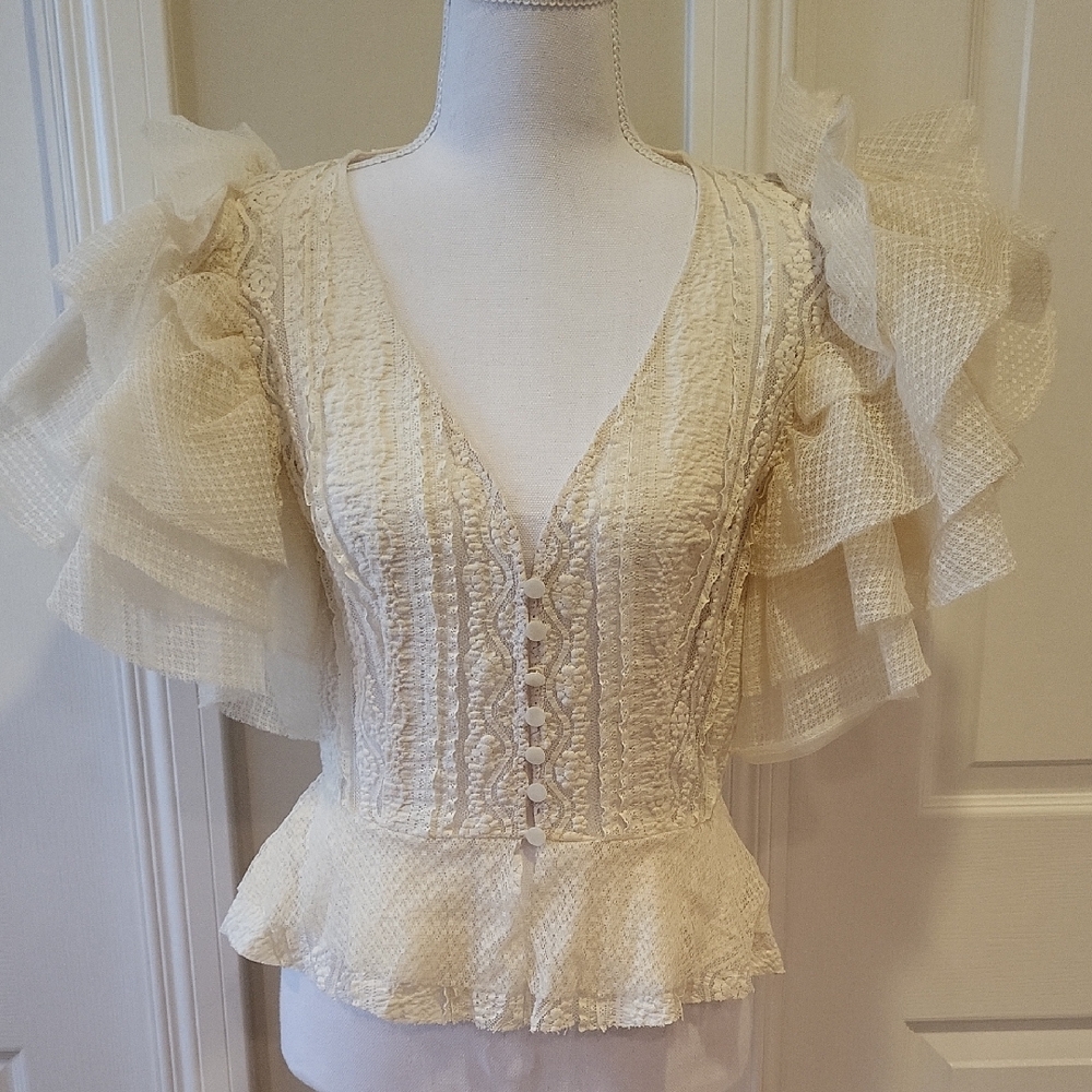 RONNY KOBO Lace Elegant Cream Ruffled Women's Top